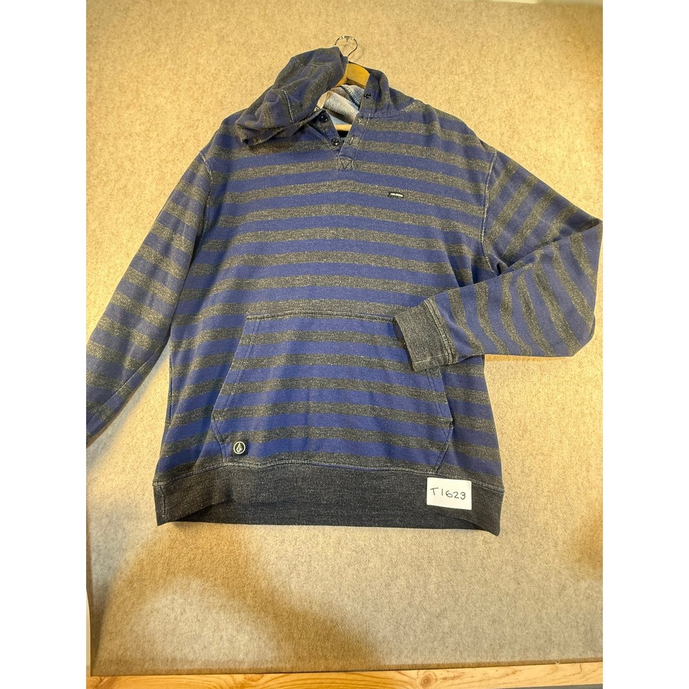 Volcom Mens Blue Grey Striped Henley‎ Hoodie Classic Fit Medium Pullover T1623